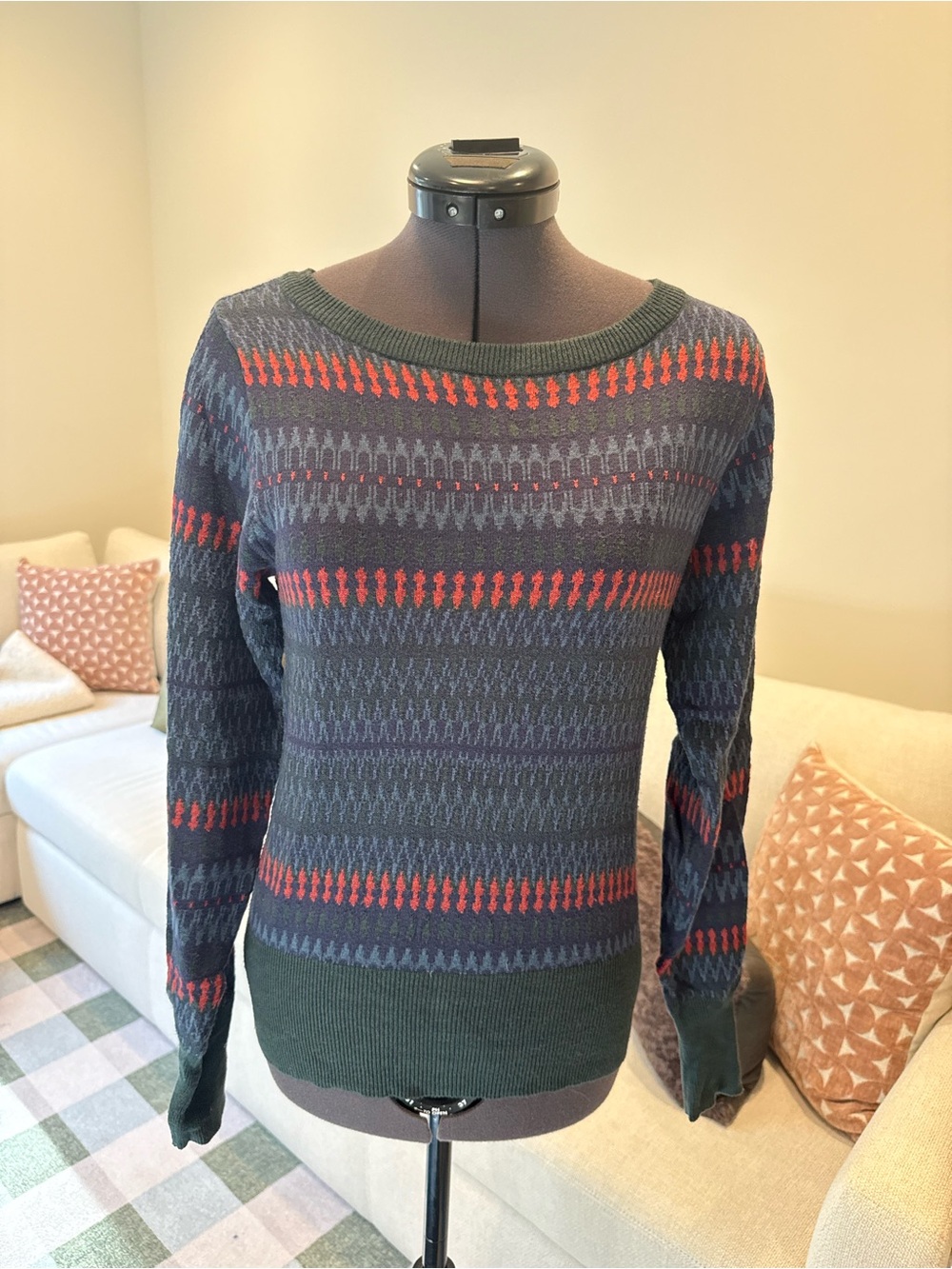 Sessùn Women’s Striped Knit Sweater - Green with Red & Gray Accents